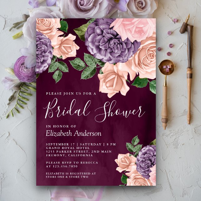 Invitación Dusty Peach Purple Floral Pluma Británica Ducha De (Subido por el creador)
