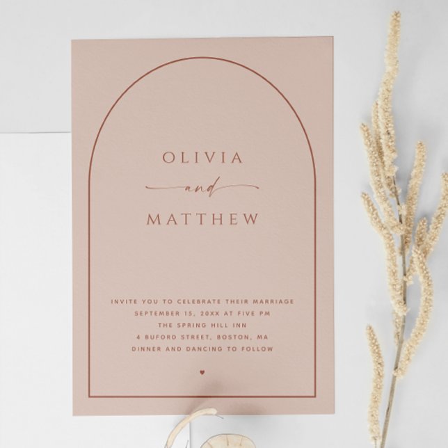 Invitación Dusty Peach Taupe Arch Boda | Foto moderna + QR (Subido por el creador)