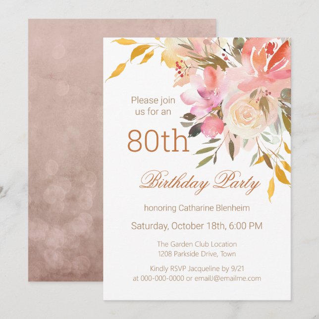 Invitación Dusty Peach Watercolor Floral 80 cumpleaños (Anverso / Reverso)