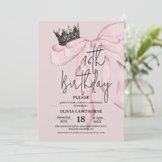 Invitación Dusty Pink 16th Birthday ⎮Modern Bow Sweet 16 (Anverso de pie)