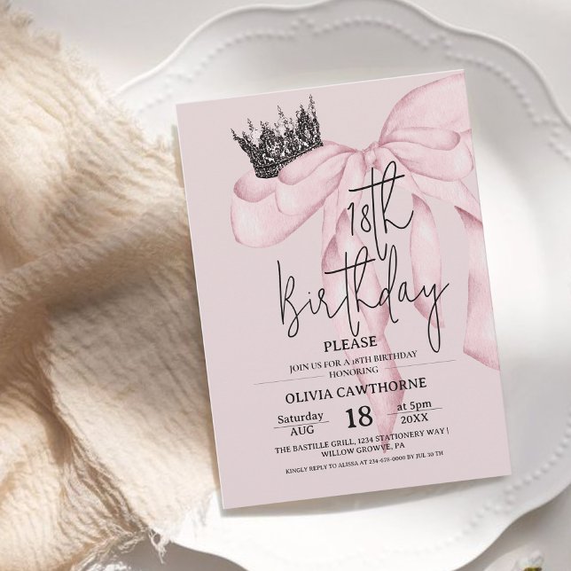 Invitación Dusty Pink 18th Birthday ⎮Pink Royal Bow Party (Subido por el creador)