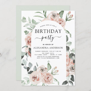 Invitación Dusty Pink Birthday Party Floral Greenertat Invit