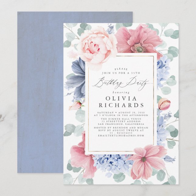 Invitación Dusty Pink Blue Floral Botánica Elegante Cumpleaño (Anverso / Reverso)