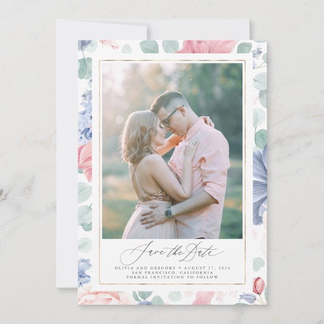 Invitación Dusty Pink Blue Floral Save the Date Photo Card (Anverso)
