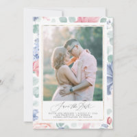 Dusty Pink Blue Floral Save the Date Photo Card