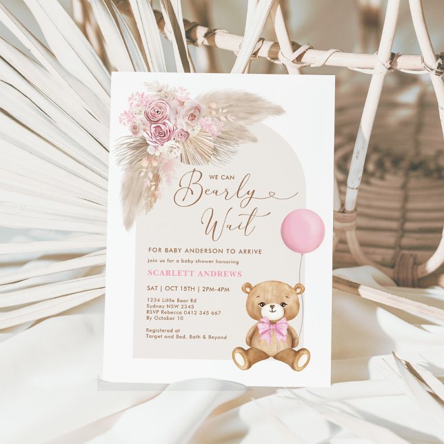 Invitación Dusty Pink Boho Teddy Bear Balloon Baby Shower (Subido por el creador)