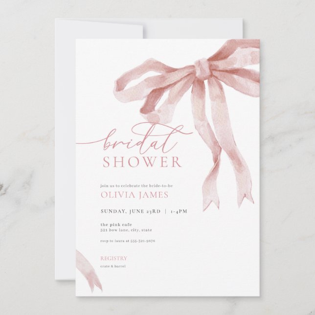 Invitación Dusty Pink Bow Bridal Shower (Anverso)