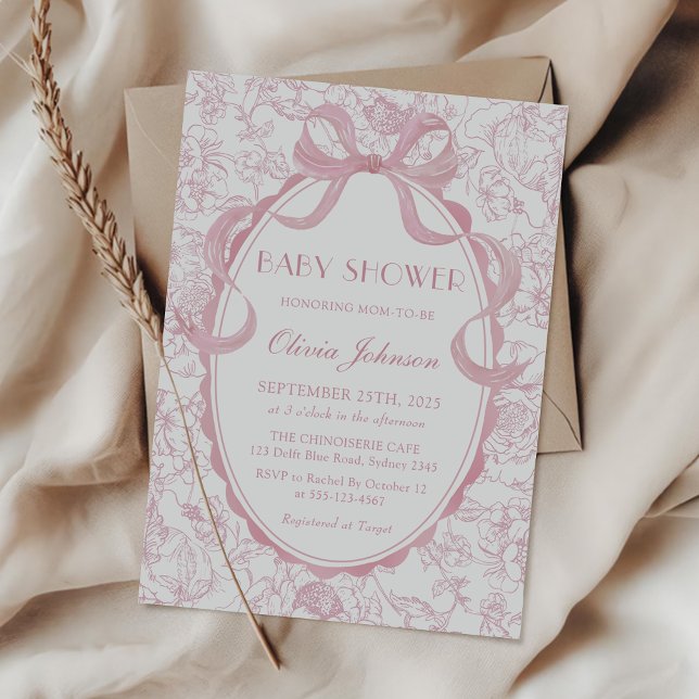 Invitación Dusty Pink Bow Chinoiserie Floral Baby Shower (Subido por el creador)