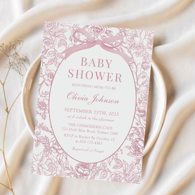 Invitación Dusty Pink Bow Chinoiserie Floral Baby Shower (Subido por el creador)