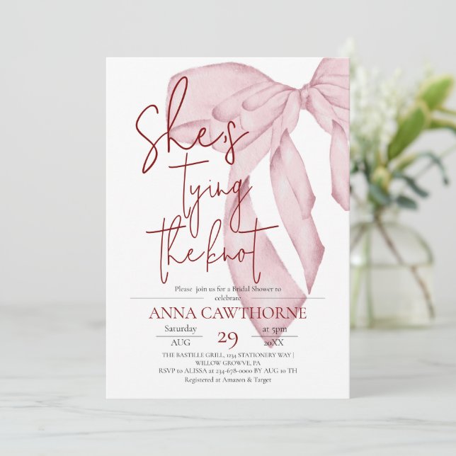 Invitación Dusty Pink Bow ⎮Modern Elegant Bridal Shower (Anverso de pie)