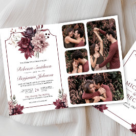 Invitación Dusty Pink Burgundy Floral Frame QR Code Wedding