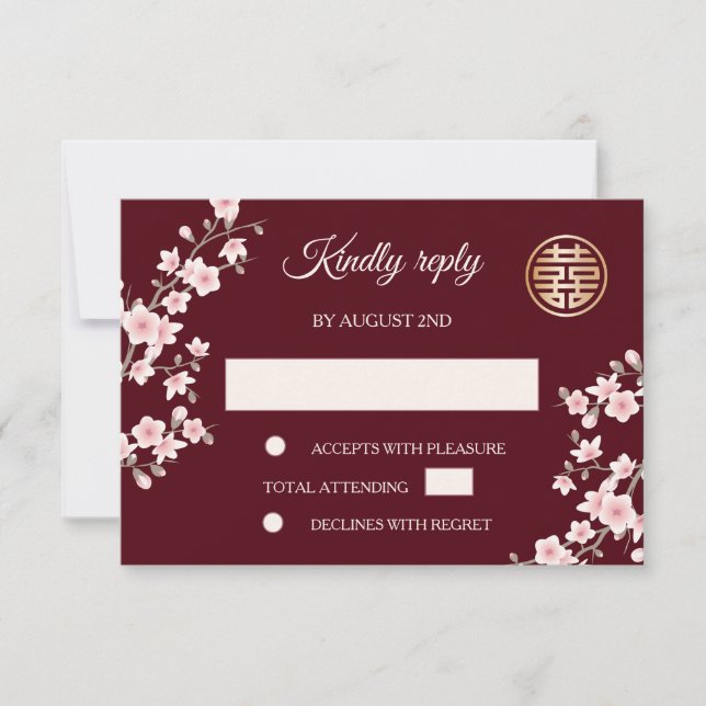 Invitación Dusty PInk Cherry Blossom RSVP Boda chino (Anverso)