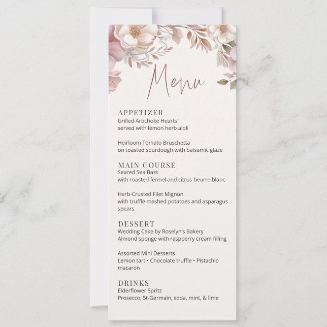 Invitación Dusty Pink Cream Magnolia Floral Wedding Menu Card (Anverso)