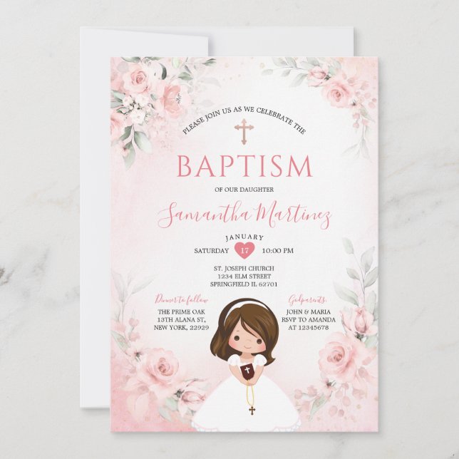 Invitación Dusty Pink Cross Floral Girl Praying Holy Baptism (Anverso)
