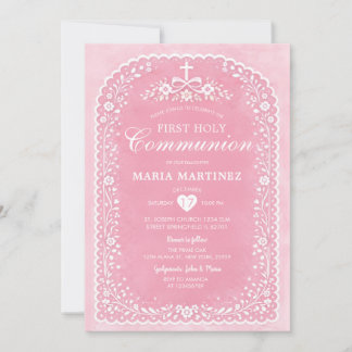 Invitación Dusty Pink Cross Papel Picado First Holy Communion