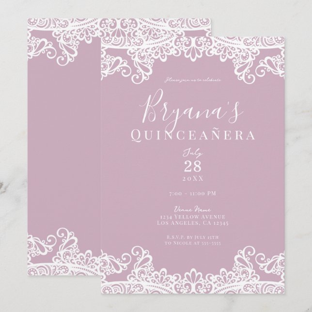 Invitación Dusty Pink Encaje Blanco Elegante Fiesta Quinceañe (Anverso / Reverso)