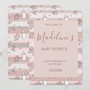 Invitación Dusty Pink Floral Baby Bottle Niña Baby Shower