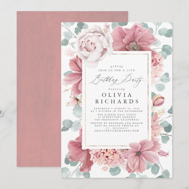 Invitación Dusty Pink Floral Botánica Elegante Cumpleaños (Anverso / Reverso)