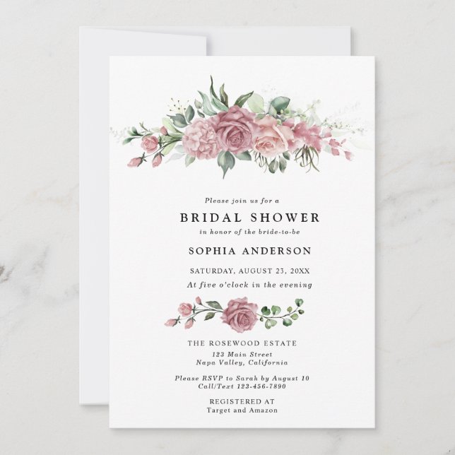 Invitación Dusty Pink Floral Bridal Shower Invitation (Anverso)