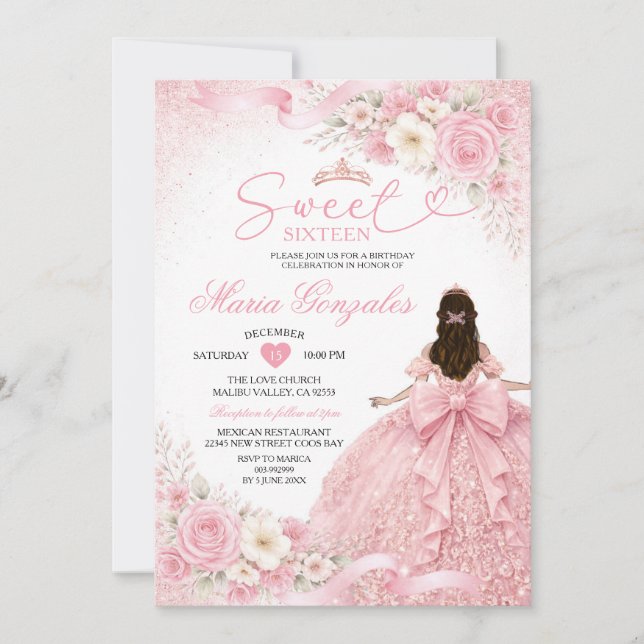 Invitación Dusty Pink Floral Charra Princess Sweet Sixteen (Anverso)