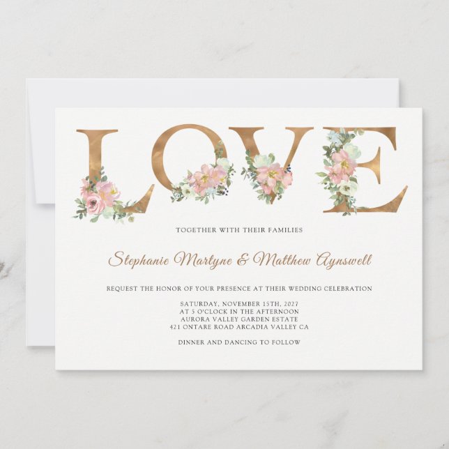 Invitación Dusty Pink Floral Gold Boda botánico (Anverso)