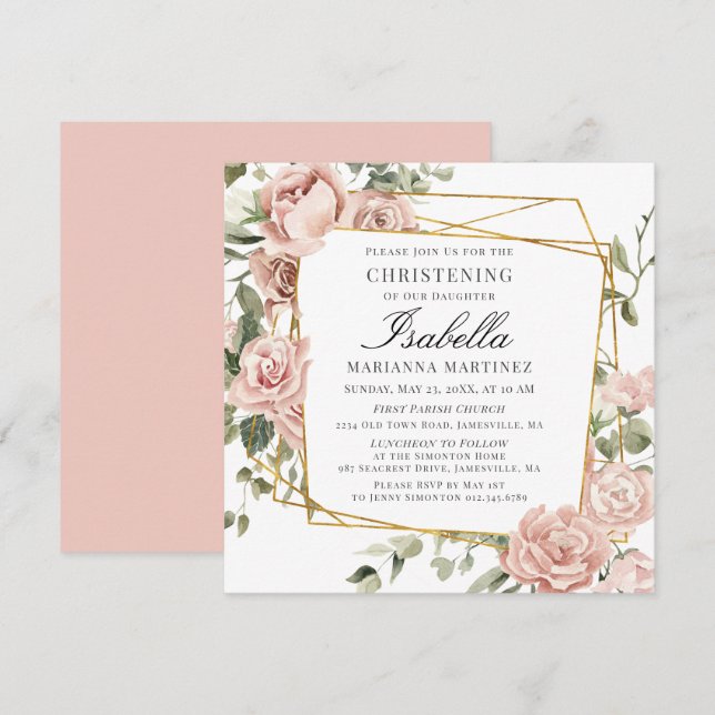 Invitación Dusty Pink Floral Gold Geometric Frame Christening (Anverso / Reverso)