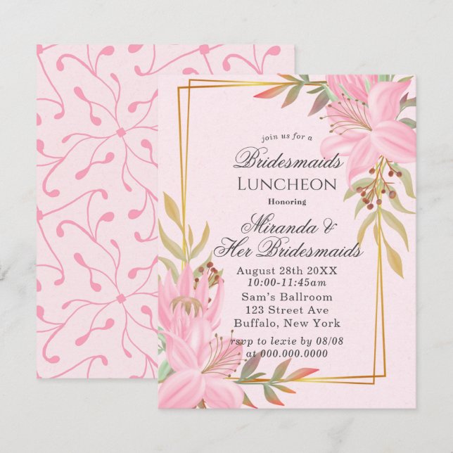 Invitación Dusty Pink Floral Kraft Bridesmaids Luncheon (Anverso / Reverso)