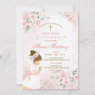 Invitación Dusty Pink Floral Niña Rezando Primera Comunión