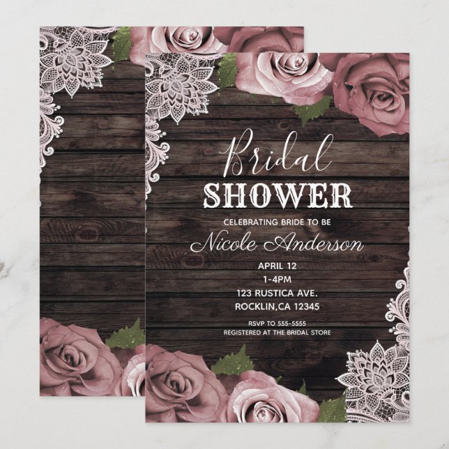 Invitación Dusty Pink Floral Rosas Rustico Baño Nupcial (Anverso / Reverso)