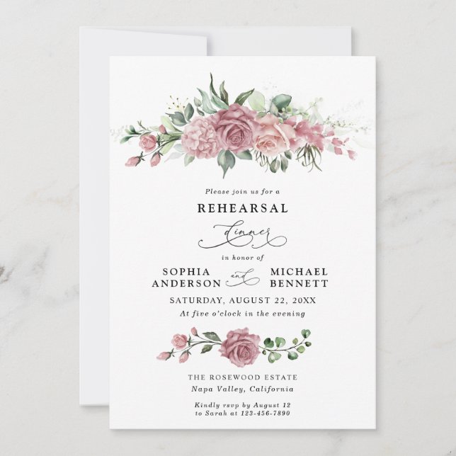 Invitación Dusty Pink Floral Wedding Rehearsal Dinner  (Anverso)