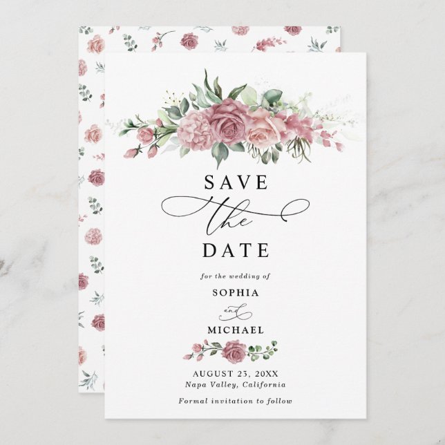 Invitación Dusty Pink Floral Wedding Save The Date  (Anverso / Reverso)
