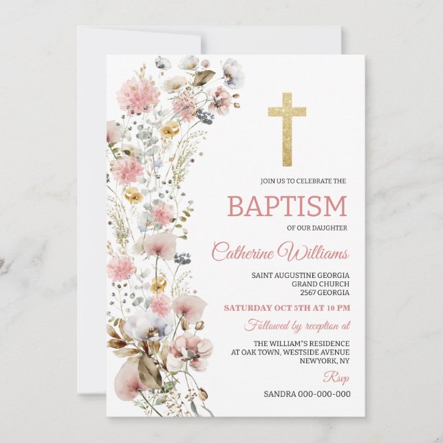 Invitación Dusty Pink Flowers Elegant Girls Baptism  (Anverso)