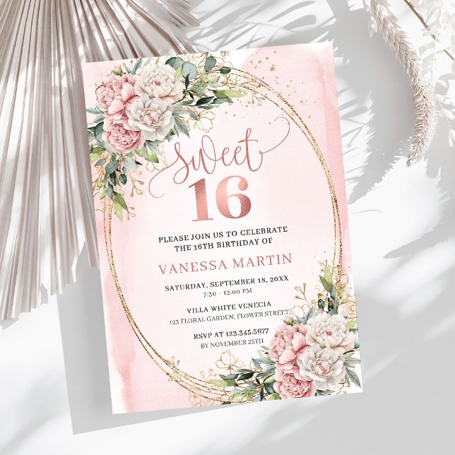 Invitación Dusty Pink Flowers Eucalyptus Sweet 16 Invitation (Dusty Pink Flowers Eucalyptus Sweet 16 Invitation)