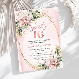 Invitación Dusty Pink Flowers Eucalyptus Sweet 16 Invitation