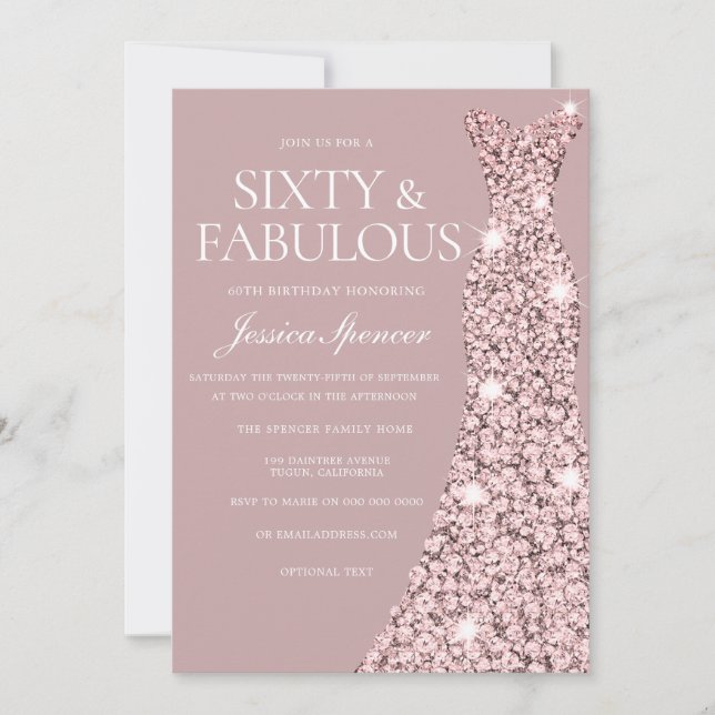 Invitación Dusty Pink Mauve Rosa Vestido de Oro 60 cumpleaños (Anverso)