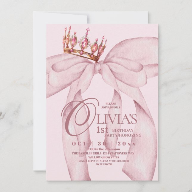 Invitación Dusty Pink Modern Trendy Bow 1st Birthday  (Anverso)