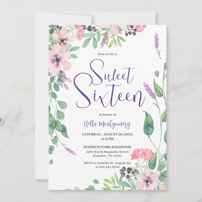 Invitación Dusty Pink Morple Wildflower Sweet 16 (Anverso)