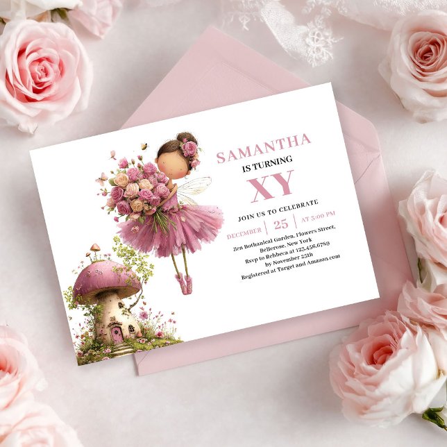 Invitación Dusty Pink para el 3er Cumpleaños de Ma (Magical Fairy Girl 3rd Birthday Dusty Pink invitation)