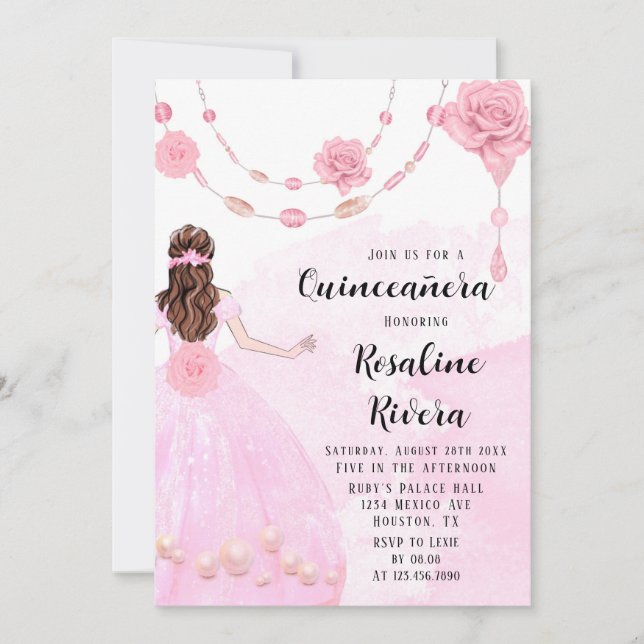 Invitación Dusty Pink Pearls Flora Chica Quinceanera Cumpleañ (Anverso)
