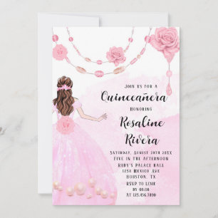 Invitación Dusty Pink Pearls Flora Chica Quinceanera Cumpleañ