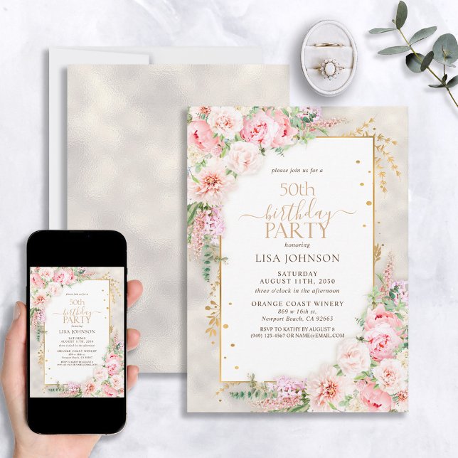 Invitación Dusty Pink Peony Floral Gold Shimmer 50 cumpleaños (Subido por el creador)