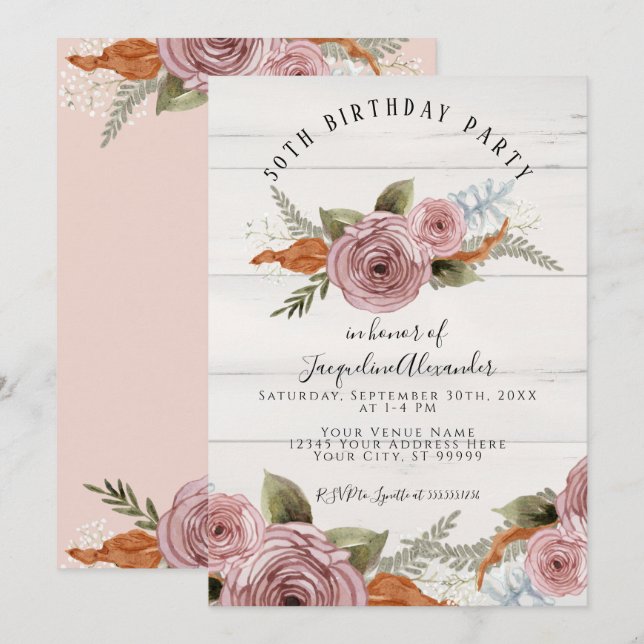 Invitación Dusty Pink Peony Floral Rustic Wood Birday Party (Anverso / Reverso)