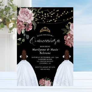 Invitación Dusty Pink Princess Floral Twins Quinceañera