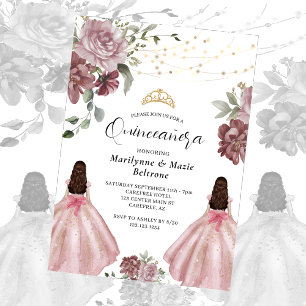 Invitación Dusty Pink Princess Floral Twins Quinceañera