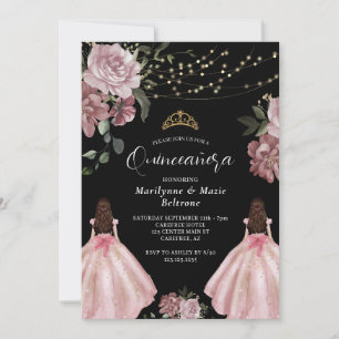 Invitación Dusty Pink Princess Floral Twins Quinceañera