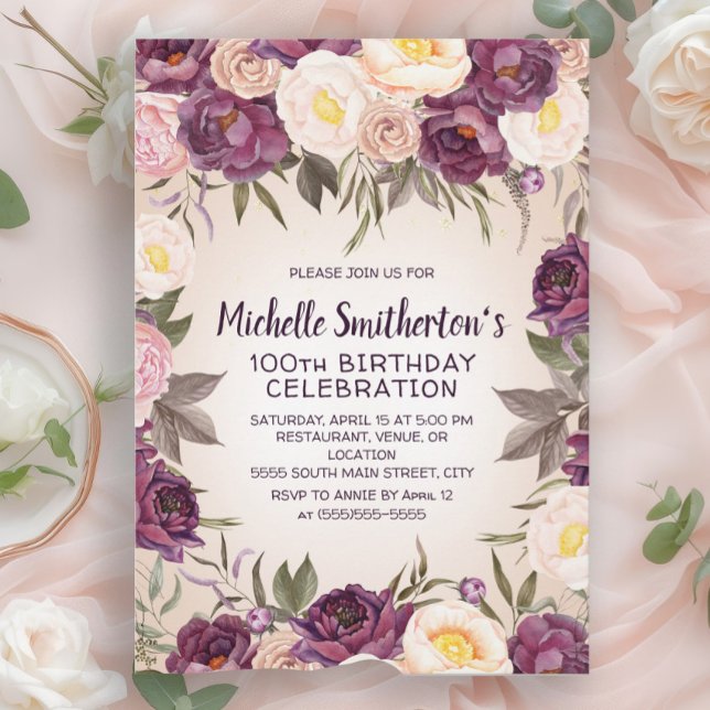 Invitación Dusty Pink Purple Floral 100 cumpleaños (Purple, blush pink, and dusty rose watercolor floral 100th birthday party invitation)