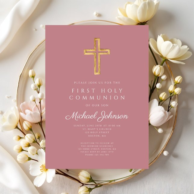 Invitación Dusty Pink Religious Cross Girl First Communion (Dusty Pink Religious Cross Girl First Communion Invitation)