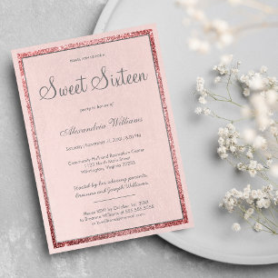 Invitación Dusty pink rosa dorado plateado brillo Sweet 16