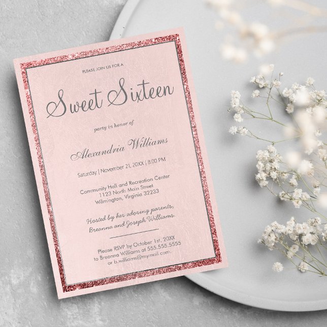 Invitación Dusty pink rosa dorado plateado brillo Sweet 16 (Dusty pink rose gold silver glitter Sweet 16 )