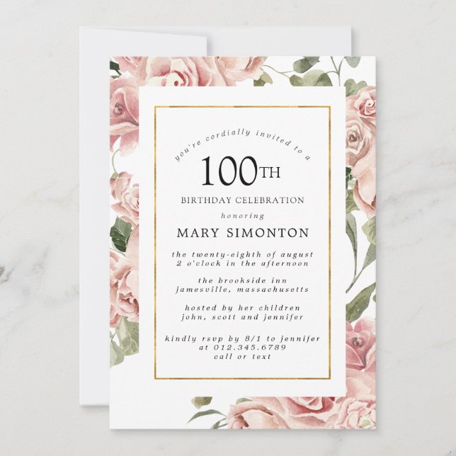 Invitación Dusty Pink Rose Floral 100ª Fiesta de cumpleaños d (Anverso)